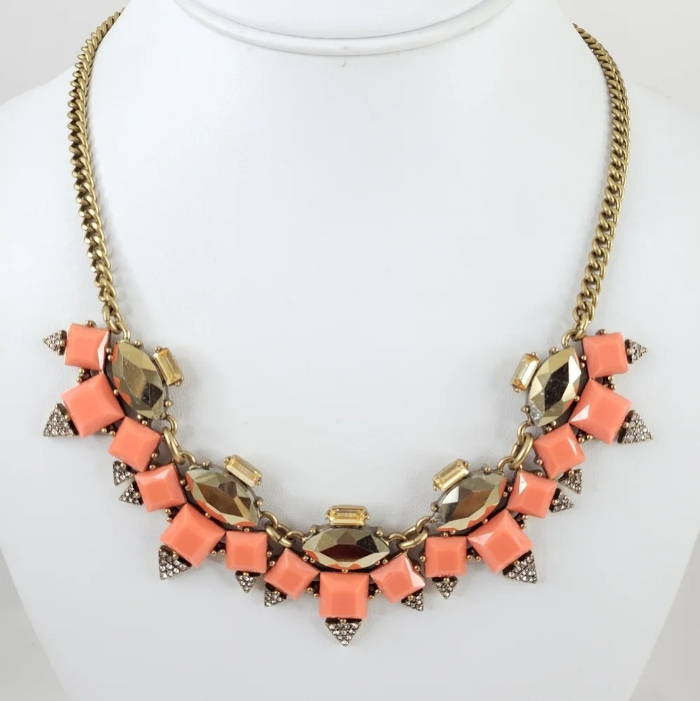 J. Crew art deco statement necklace coral orange stones + rhinestones A0301